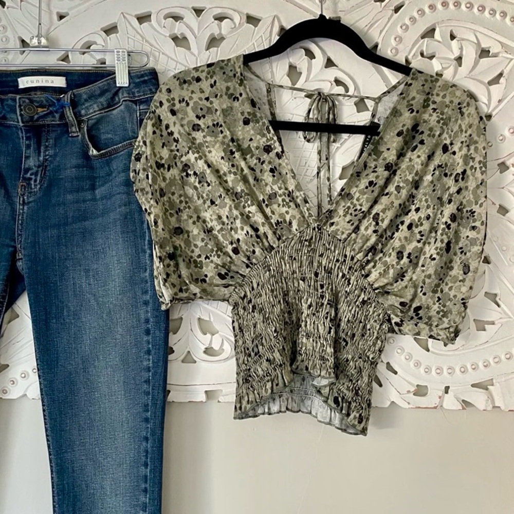 Final Touch Olive and Black Floral Smocked V-Neck Blouse